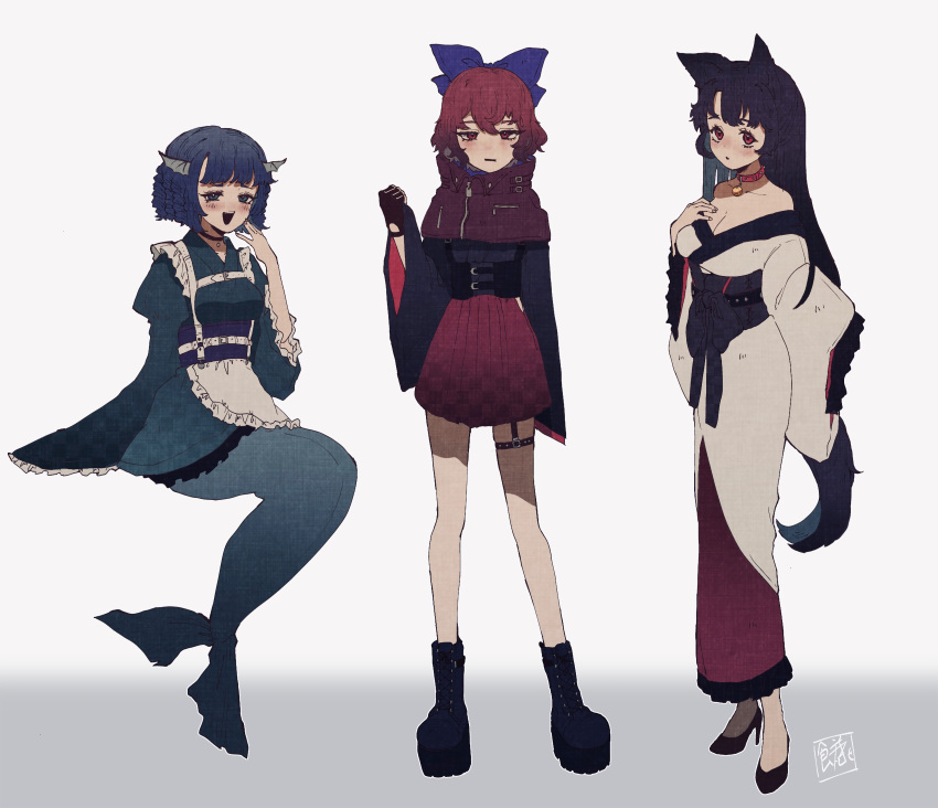 absurdres adapted_costume animal_ears black_shirt blue_bow blue_hair blue_sash boots bow brown_hair choker cloak drill_hair drill_sidelocks fins frilled_kimono frills grass_root_youkai_network green_kimono hairbow head_fins high_heels highres imaizumi_kagerou japanese_clothes kimono long_hair long_sleeves maid mermaid miniskirt monster_girl multiple_girls obi off_shoulder pencil_skirt platform_boots platform_footwear red_cloak red_eyes red_hair red_skirt sash sekibanki shirt short_hair sidelocks skirt sokura_(mochichitose) thigh_strap touhou wakasagihime white_kimono wide_sleeves wolf_ears zipper