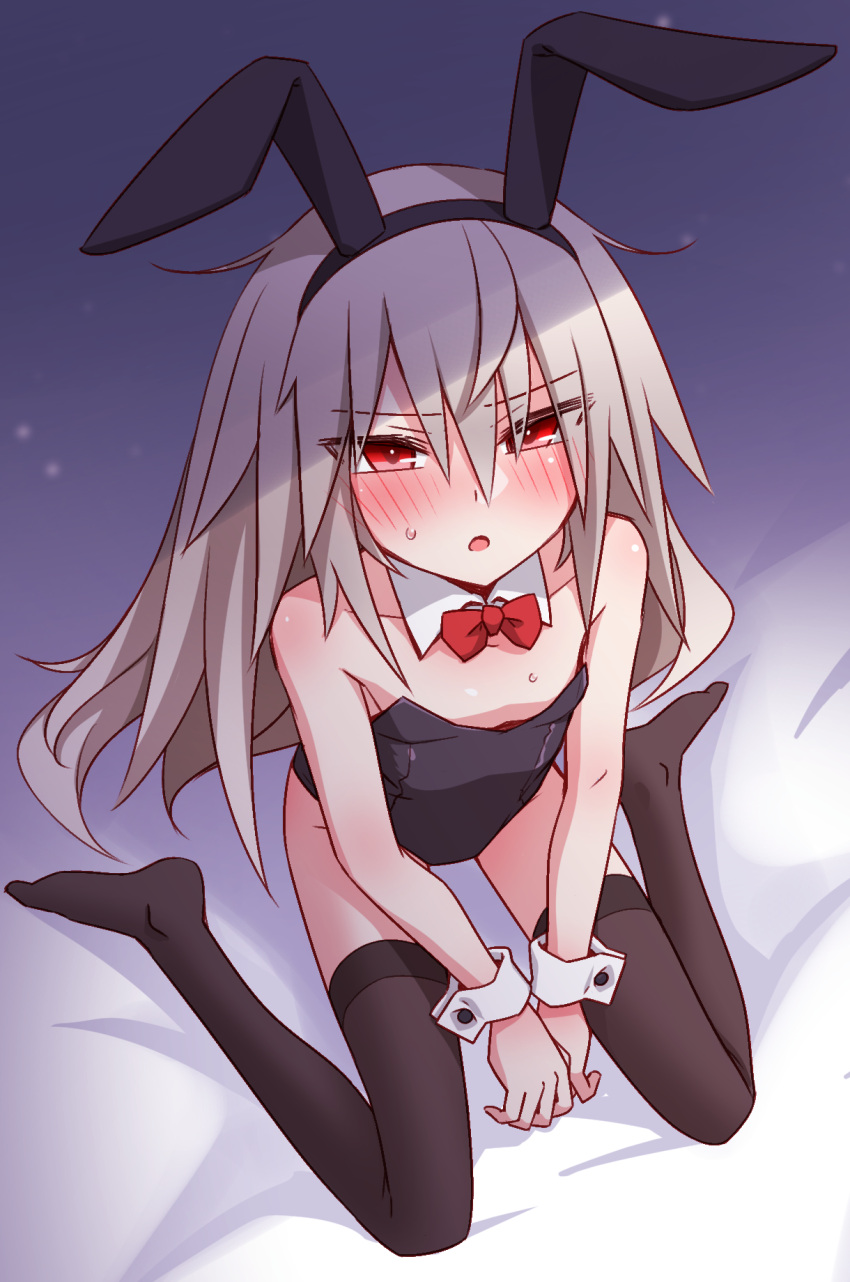 animal_ears blush detached_collar elena_trafalgar fake_animal_ears female flat_chest highres ikune_juugo long_hair looking_at_viewer no_shoes original playboy_bunny rabbit_ears red_eyes sitting solo sweat thighhighs wariza white_hair wrist_cuffs