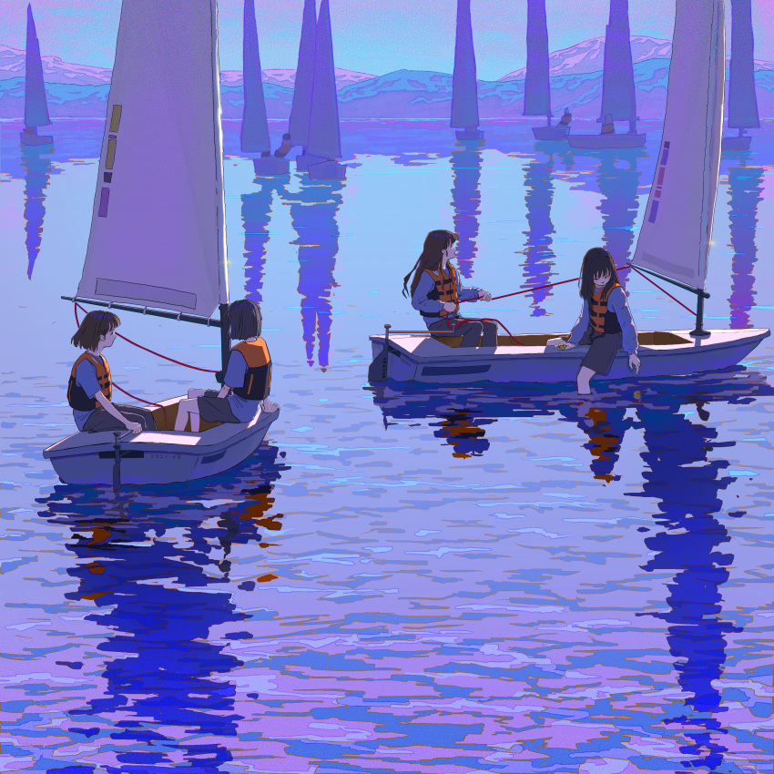 4girls absurdres blue_shirt boat brown_hair commentary evening grey_pants highres kenharu life_vest long_hair long_sleeves multiple_girls ocean original outdoors pants scenery shirt short_hair shorts sitting water watercraft