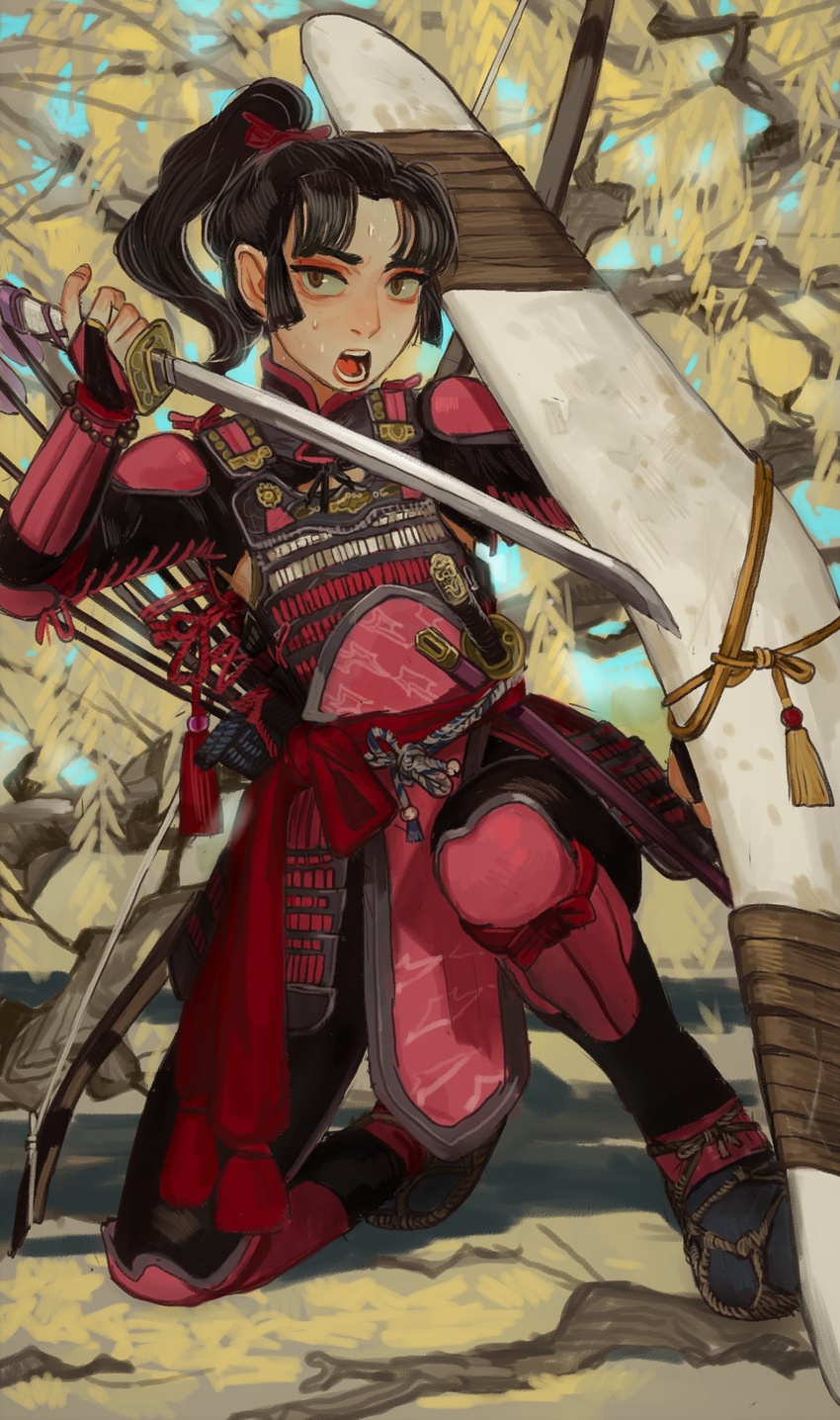 armor arrow_(projectile) black_hair boomerang bow_(weapon) breastplate brown_eyes female highres holding holding_sword holding_weapon inuyasha japanese_armor katana kusazuri looking_at_viewer mossacannibalis multiple_swords on_one_knee open_mouth outdoors ponytail quiver reverse_grip sango_(inuyasha) scabbard sheath solo sword tassel waraji weapon