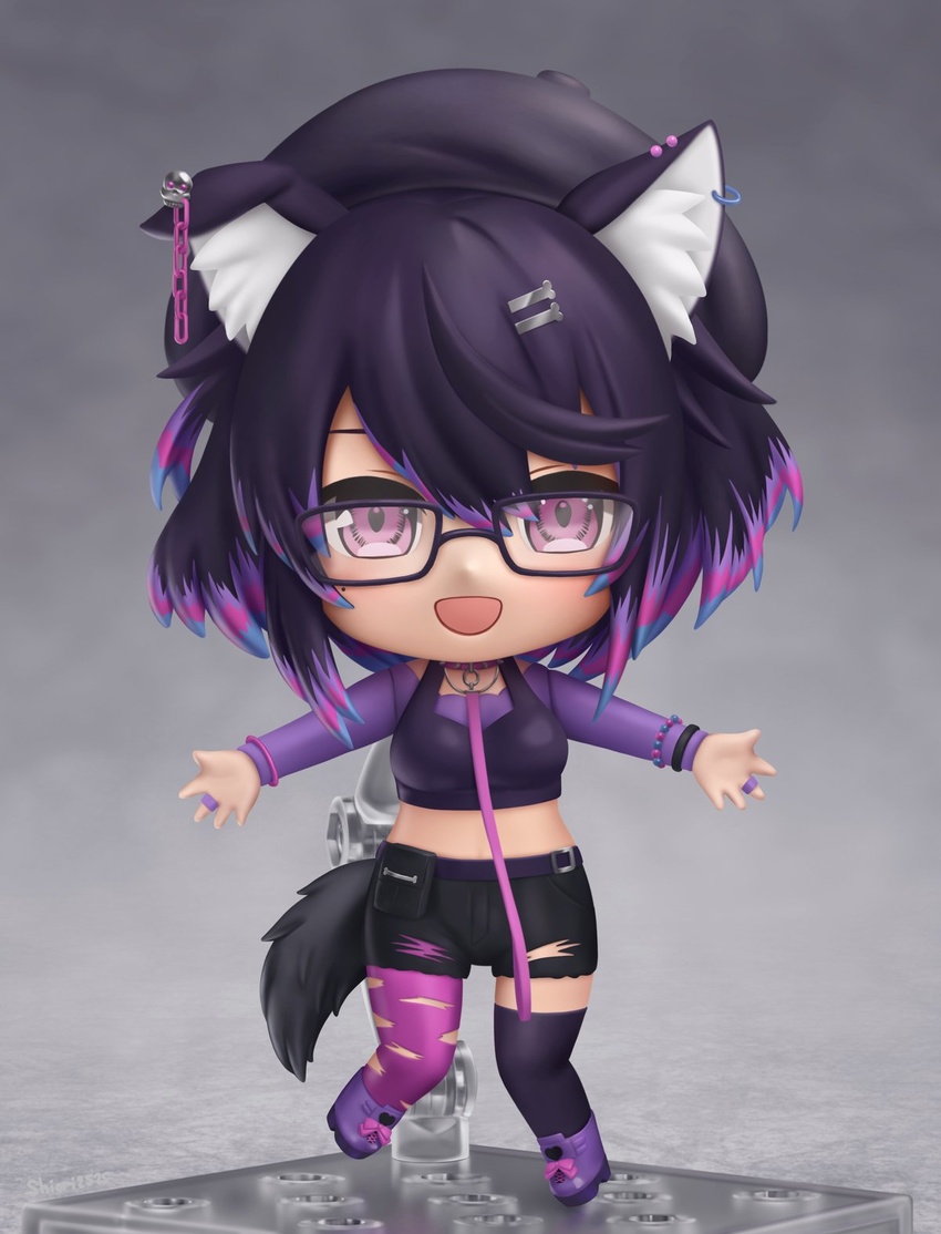 asymmetrical_legwear black-framed_eyewear black_hair black_legwear black_shorts blue_hair blush boots bracelet breasts chibi commission crop_top faux_figurine female full_body glasses highres indie_virtual_youtuber jewelry looking_at_viewer maya_(vtuber) medium_breasts mismatched_legwear multicolored_hair nendoroid open_mouth outstretched_arms pink_eyes pink_hair pink_legwear purple_footwear purple_hair rectangular_eyewear second-party_source shiori2525 short_hair short_shorts shorts single_leg_pantyhose single_thighhigh smile solo thighhighs virtual_youtuber