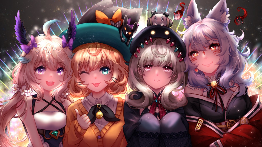 4girls animal_ears beret black_cat black_headwear black_kimono blue_eyes bow collared_shirt english_commentary enna_alouette enna_alouette_(1st_costume) ethyria feline flat_chest flower fox_ears fox_girl ghost grey_hair hair_flower hair_ornament hairbow hat head_tilt head_wings highres japanese_clothes kimono low_twintails lucie_(millie_parfait) millie_parfait multiple_girls nijisanji nijisanji_en nina_kosaka obi off_shoulder one_eye_closed open_mouth orange_sweater pink_eyes poppi_(reimu_endou) purple_bow red_kimono reimu_endou reiru sash shirt sleeves_past_fingers sleeves_past_wrists smile sweater thumbs_up twintails virtual_youtuber white_flower white_hair white_shirt wings witch_hat yellow_eyes