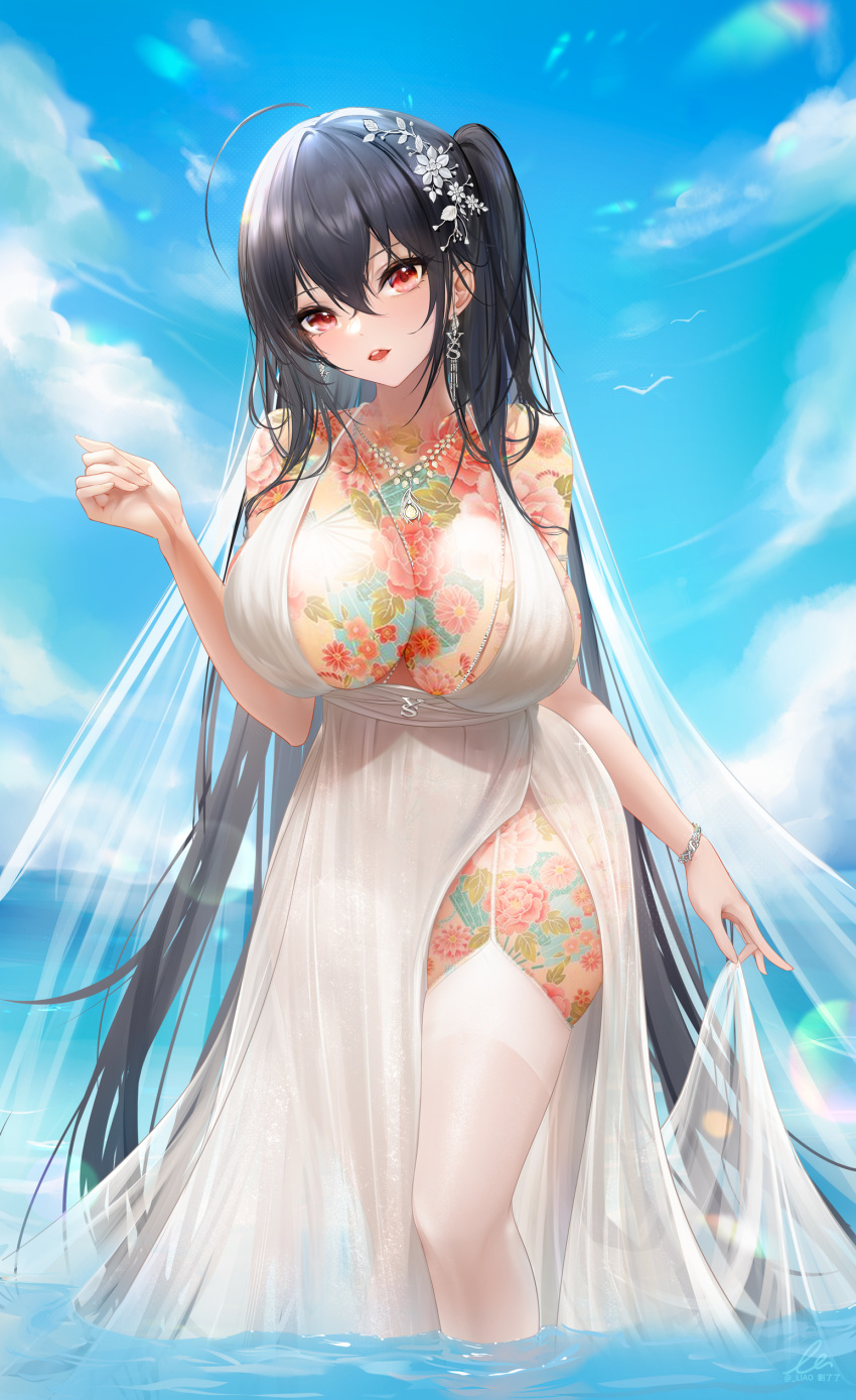 absurdres ahoge azur_lane blue_sky bracelet breast_tattoo breasts chest_tattoo chinese_commentary cloud commentary_request day dress earrings feet_out_of_frame female flower flower_tattoo garter_straps hair_between_eyes hair_flower hair_ornament highres huge_breasts jewelry leg_tattoo liu_liaoliao long_hair looking_at_viewer necklace ocean official_alternate_costume one_side_up red_eyes skirt_hold sky sleeveless sleeveless_dress solo standing taihou_(azur_lane) taihou_(temptation_on_the_sea_breeze)_(azur_lane) tattoo thighhighs veil very_long_hair wading water white_dress white_flower white_thighhighs