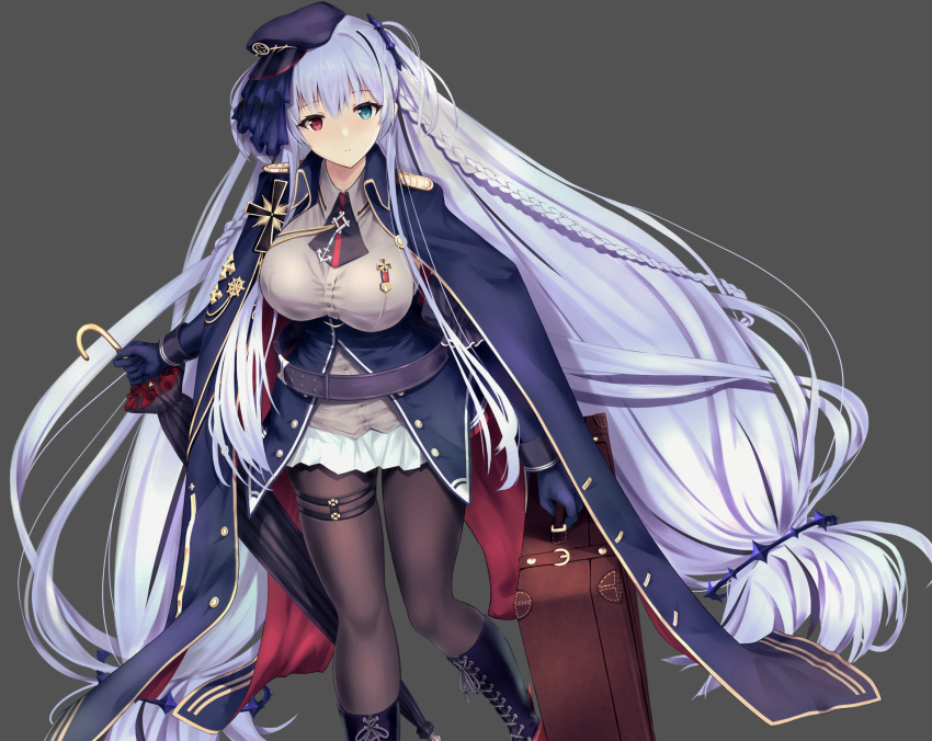 azur_lane belt black_footwear black_pantyhose blue_cape blue_eyes blue_gloves boots braid breasts cape closed_mouth elbing_(azur_lane) enchuu_kakiemon feet_out_of_frame female gloves grey_background heterochromia highres holding holding_case holding_umbrella long_hair looking_at_viewer low-tied_long_hair medium_breasts pantyhose purple_headwear red_eyes shirt solo standing umbrella very_long_hair white_hair white_shirt