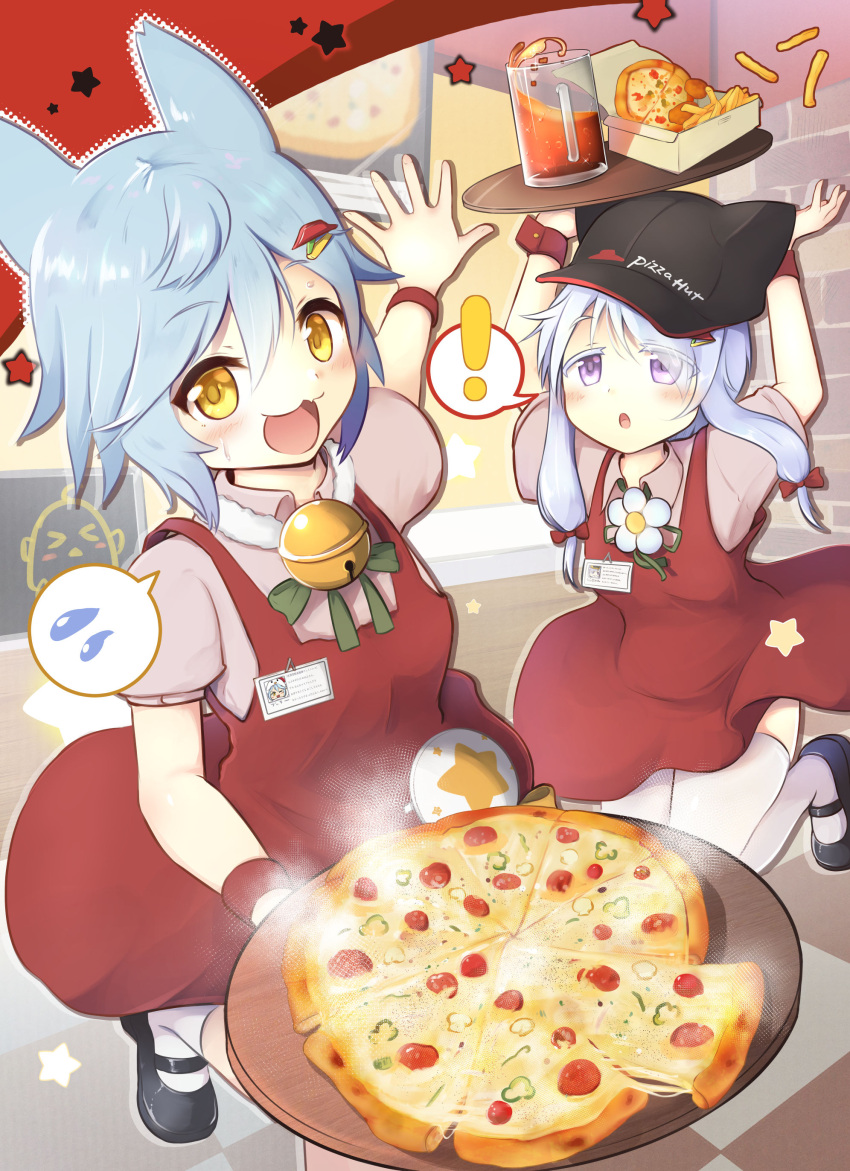 ! 2girls :3 :d :o absurdres animal_ears azur_lane beige_shirt bell black_footwear black_headwear blue_hair blush cola collared_shirt commentary_request cowboy_shot cup dress drink drinking_glass fake_animal_ears flower food fox_ears french_fries fubuki_(azur_lane) fubuki_(stormy_waitress-in-training!)_(azur_lane) grey_hair hair_between_eyes hair_ornament hairclip hat highres holding holding_tray indoors jingle_bell kneehighs long_hair looking_at_viewer looking_up manjuu_(azur_lane) multiple_girls nekonetoru_take oerba_yun_fang official_alternate_costume open_mouth pepperoni pizza pizza_hut purple_eyes red_dress restaurant shirt shoes short_hair short_sleeves sidelocks smile socks spoken_exclamation_mark spoken_sweatdrop standing standing_on_one_leg sweat sweatdrop thighhighs tray twintails uranami_(azur_lane) white_thighhighs wrist_cuffs yellow_eyes zettai_ryouiki