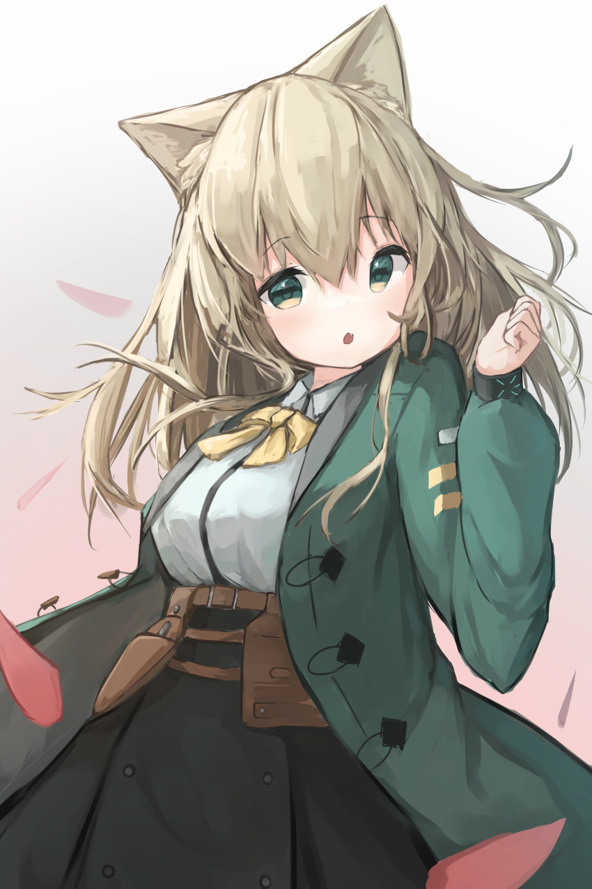 :o absurdres animal_ear_fluff animal_ears arknights black_skirt bow breasts brown_hair collared_shirt commentary_request dog_ears dress_shirt female gradient_background green_eyes green_jacket hair_between_eyes hand_up highres jacket long_hair long_sleeves looking_at_viewer medium_breasts oerba_yun_fang open_clothes open_jacket parted_lips petals pink_background podenco_(arknights) puffy_long_sleeves puffy_sleeves shirt skirt solo teruriu very_long_hair white_background white_shirt yellow_bow