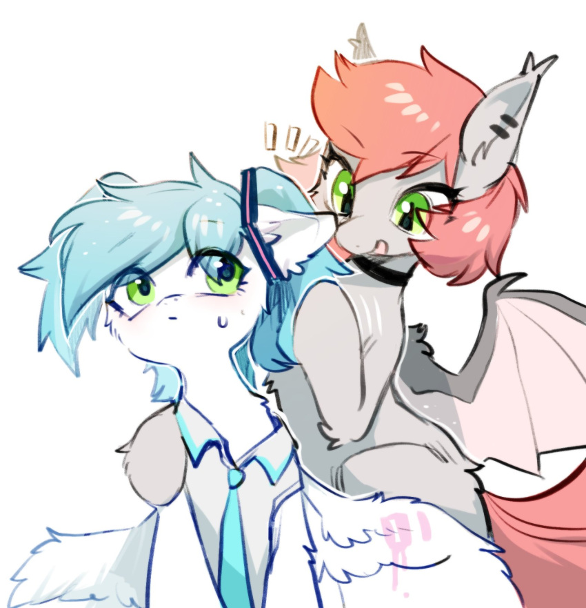 ambiguous_gender bat_pony bat_wings blue_hair bodily_fluids duo ear_piercing ear_tuft equid equine eyelashes fan_character feathered_wings feathers feral fur green_eyes grey_body grey_fur hair hasbro hi_res inner_ear_fluff mammal membrane_(anatomy) membranous_wings my_little_pony mythological_creature mythological_equine mythology pegasus piercing red_hair short_hair swaybat sweat tuft white_body white_fur wings