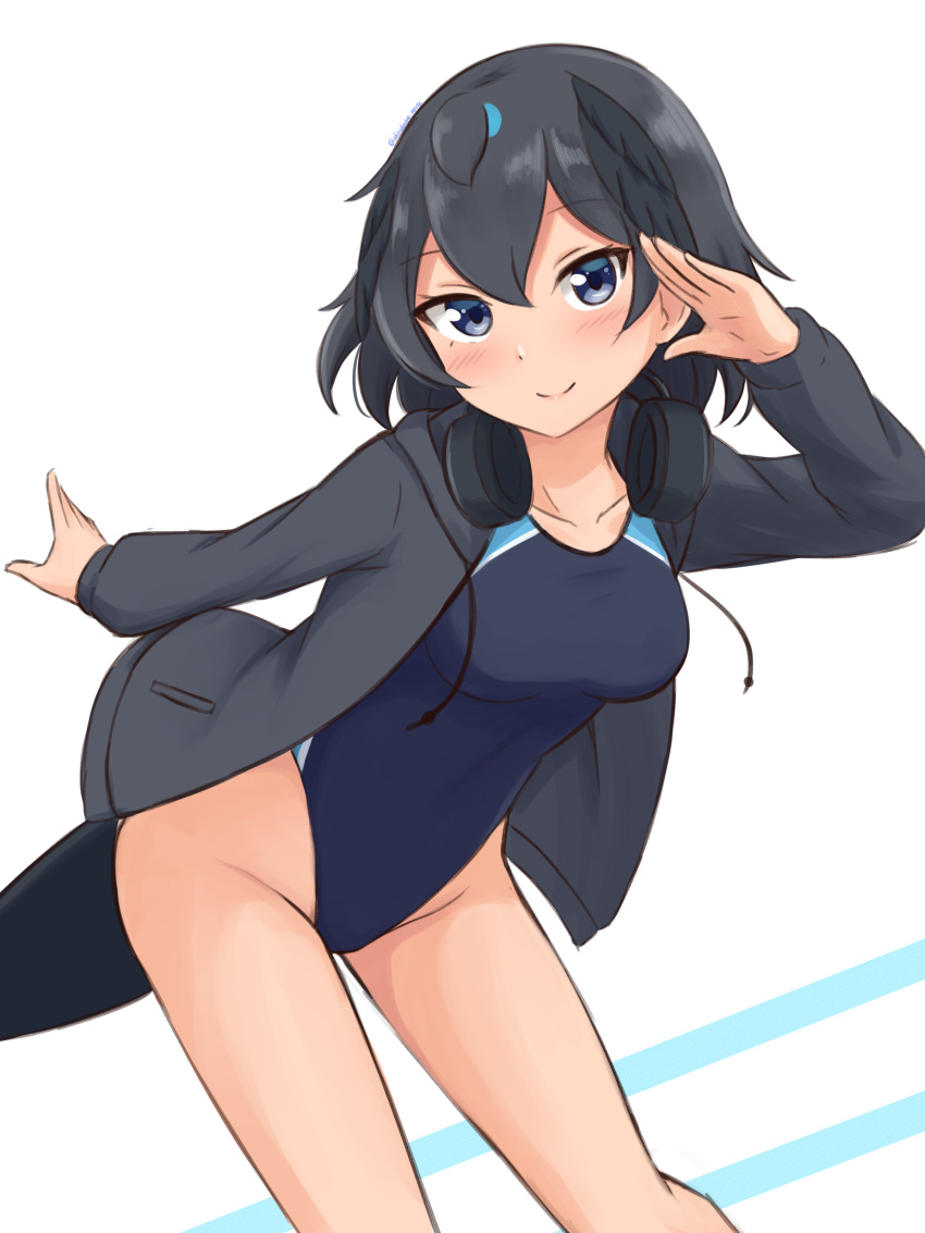 absurdres bare_legs black_hair black_hoodie blue_eyes blue_one-piece_swimsuit blush breasts collarbone commentary competition_swimsuit drawstring female hair_between_eyes head_wings headphones headphones_around_neck highleg highleg_swimsuit highres hood hood_down hoodie kemono_friends leaning_forward long_sleeves looking_at_viewer medium_breasts one-piece_swimsuit open_clothes open_hoodie salute shiraha_maru short_hair simple_background smile solo superb_bird-of-paradise_(kemono_friends) swimsuit tail white_background wings