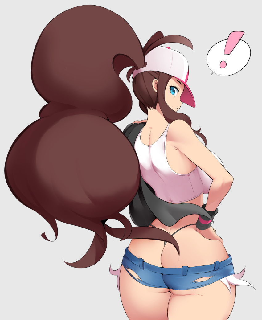 ! aqua_eyes ass back breasts brown_hair butt_crack commentary_request curly_hair denim denim_shorts female grey_background hand_on_own_hip high_ponytail highleg highleg_panties highres hilda_(pokemon) holding holding_towel large_breasts looking_at_viewer looking_back nac000 panties pokemon pokemon_bw short_shorts shorts simple_background solo spoken_exclamation_mark sports_bra standing thighs thong towel underwear white_sports_bra