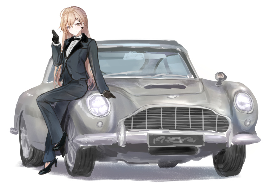 absurdres aston_martin aston_martin_db5 black_bow black_footwear black_gloves black_jacket black_pants blazer bow bowtie brown_eyes car closed_mouth commentary cross cross_earrings ear_piercing earrings female full_body girls'_frontline gloves grey_car gun hair_ornament hairclip high_heels highres holding holding_gun holding_weapon jacket james_bond_(series) jewelry leaning_back light_brown_hair long_hair looking_at_viewer martinreaction motor_vehicle pants piercing ppk_(girls'_frontline) shirt smile solo vehicle_focus weapon white_background white_shirt