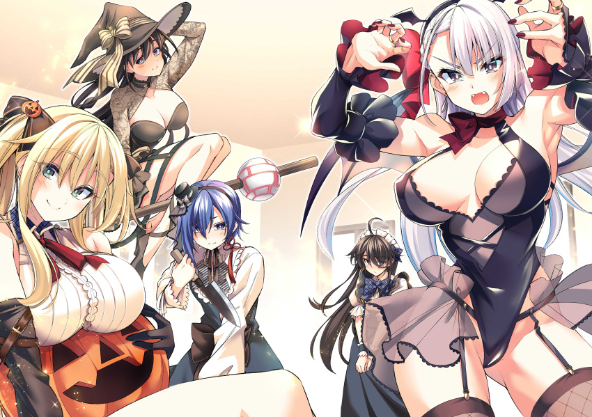 1boy 4girls absurdres aqua_eyes black_hair blonde_hair blue_eyes breasts brown_hair elfine_phillet fangs halloween_costume highres jack-o'-lantern keigen_hichou large_breasts leonis_death_magnus leotard long_hair looking_at_viewer maid multiple_girls no_bra oerba_yun_fang official_art otoko_no_ko purple_eyes regina_mercedes riselia_ray_crystalia sakuya_sieglinde seiken_gakuin_no_maken_tsukai short_hair thighhighs twintails white_hair witch