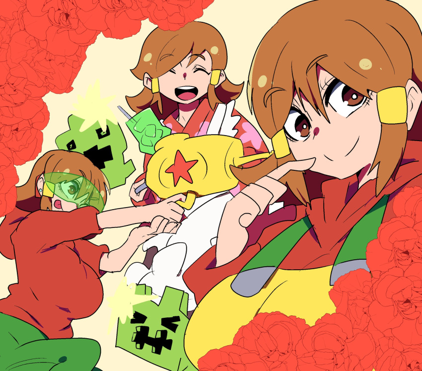 3girls 5-volt :d apron breasts brown_eyes brown_hair chicken-rib firing flower green_pants hair_ornament hairclip highres hood hoodie japanese_clothes kimono large_breasts looking_at_viewer multiple_girls pants rose safety_glasses short_hair smile warioware yellow_apron