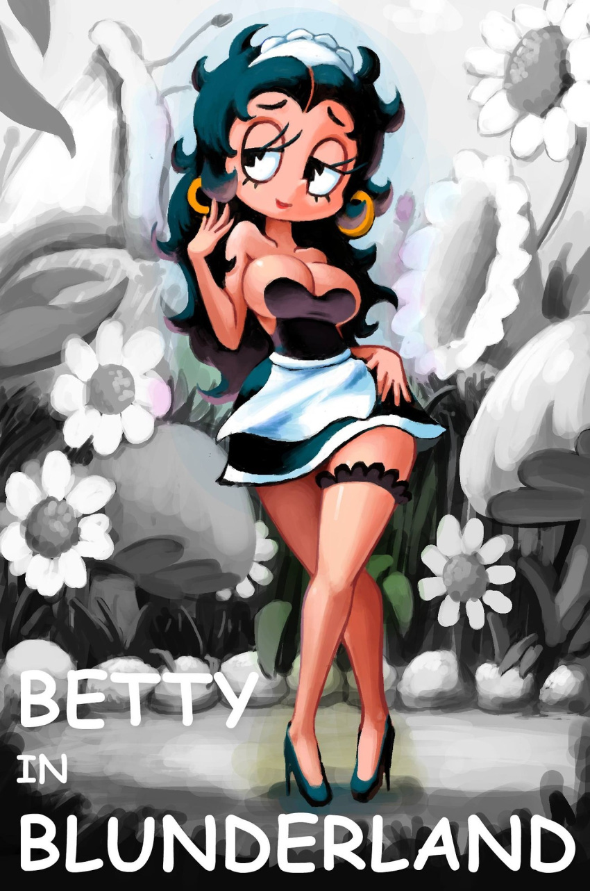 betty_boop betty_boop_(series) breasts cleavage earrings female highres jewelry long_hair maid md5_mismatch medium_breasts minuspal smile solo