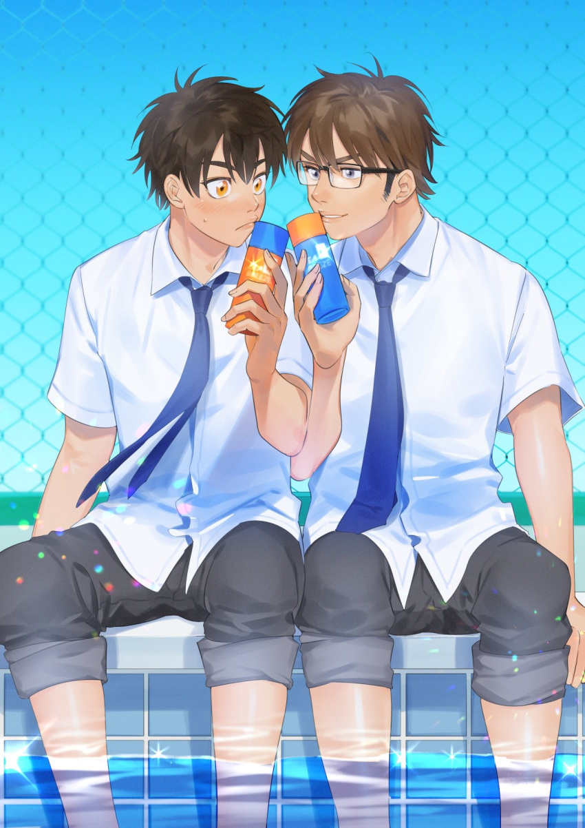 2boys ace_of_diamond bad_id bad_pixiv_id black_pants blue_sky blush brown_eyes brown_hair can closed_mouth drink_can glasses highres holding holding_can male_focus miyuki_kazuya multiple_boys necktie outdoors pants pants_rolled_up parted_lips pool poolside rio20011218 sawamura_eijun school_uniform shirt short_hair sideburns sitting sky soda_can water white_shirt