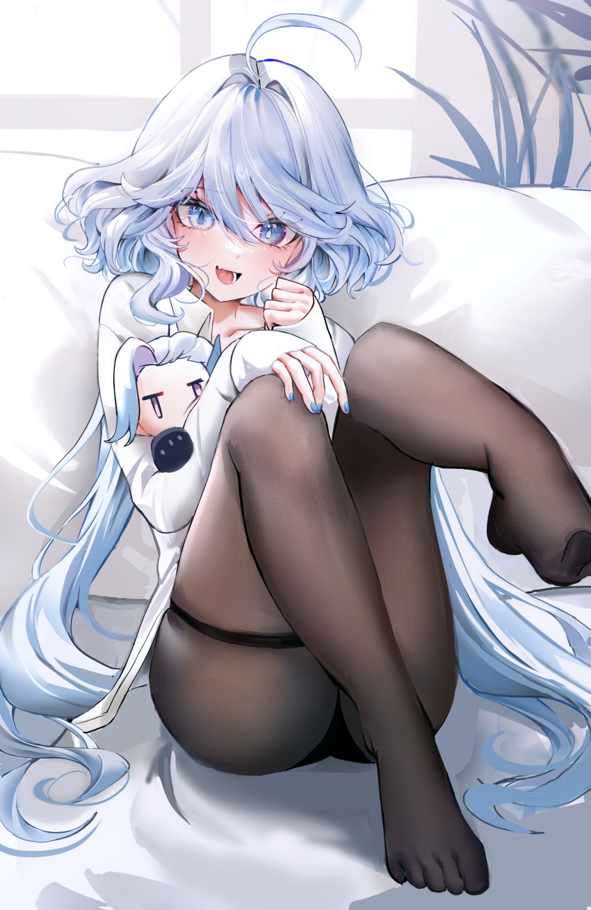 :d absurdres ahoge black_pantyhose black_straps blue_eyes blue_hair blue_nails character_doll collar collared_shirt commentary_request dasha drop-shaped_pupils feet female foot_up furina_(genshin_impact) genshin_impact hand_on_own_knee hand_to_own_mouth highres jitome leg_up legs long_hair looking_at_viewer mismatched_pupils neuvillette_(genshin_impact) no_shoes oerba_yun_fang open_mouth pantyhose plantar_flexion shirt sitting skin_fang sleeves_past_wrists smile solo symbol-shaped_pupils teeth thigh_strap toe_socks toenails toes tongue very_long_hair white_collar white_shirt window