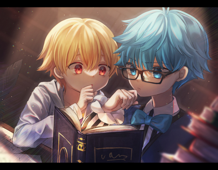 2boys absurdres black-framed_eyewear blonde_hair blue_bow blue_eyes blue_hair blue_vest book book_stack bow bowtie child_gilgamesh_(fate) fate/extra fate/grand_order fate/hollow_ataraxia fate_(series) gilgamesh_(fate) glasses hans_christian_andersen_(fate) highres hood hoodie indoors letterboxed male_focus multiple_boys nagute open_book reading red_eyes short_hair vest white_hoodie