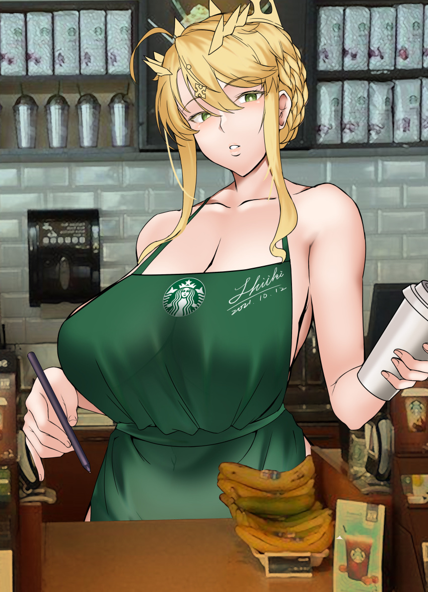 absurdres ahoge apron artoria_pendragon_(fate) artoria_pendragon_(lancer)_(fate) bare_shoulders blonde_hair braid breasts cafe cleavage collarbone commentary covered_navel crown cup disposable_cup fate/grand_order fate_(series) female french_braid green_apron green_eyes hair_between_eyes highres holding holding_marker iced_latte_with_breast_milk_(meme) large_breasts lipgloss long_hair looking_at_viewer marker meme naked_apron parted_lips photo_background shiki_(love-saber) sidelocks signature solo