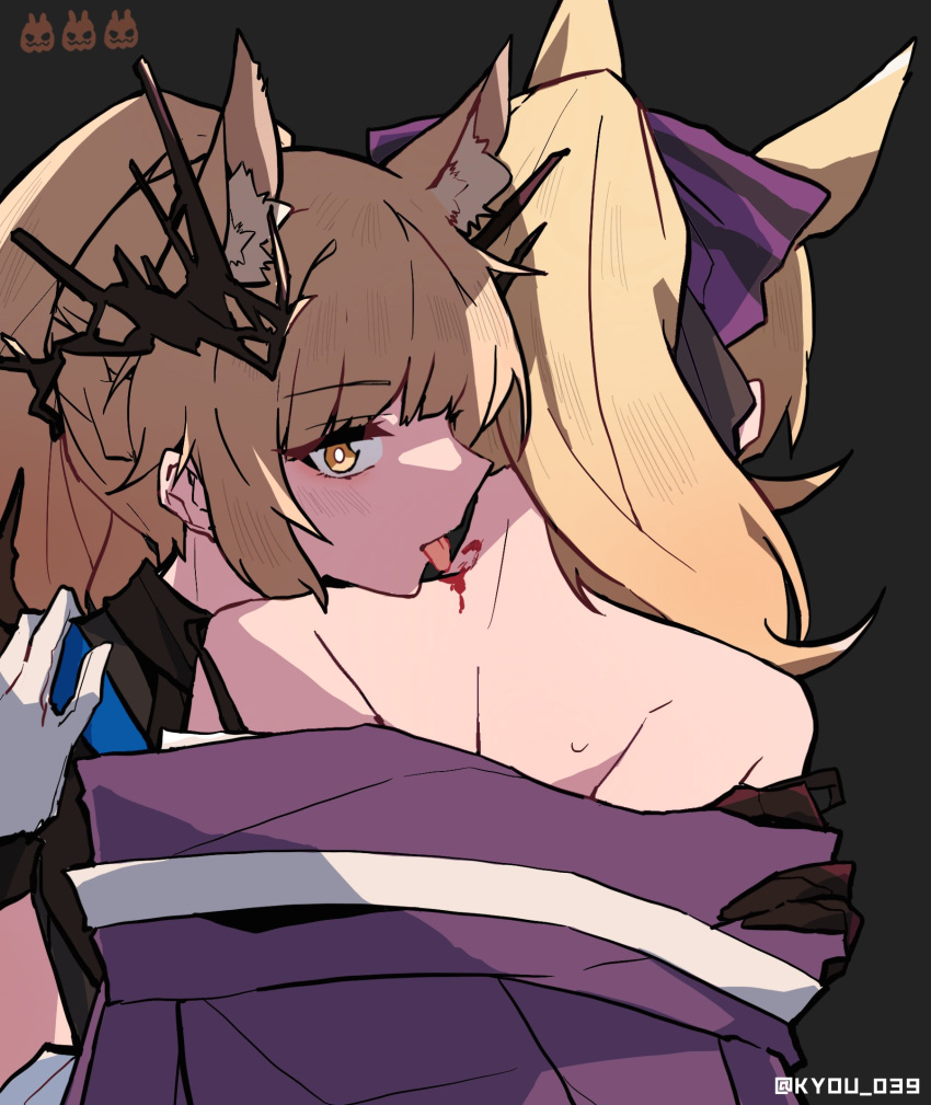 2girls animal_ear_fluff animal_ears arknights aunt_and_niece bare_shoulders biting black_background black_gloves blemishine_(arknights) blemishine_(moon_catastrborn)_(arknights) blonde_hair blood bow bright_pupils gloves hair_ornament hairbow hand_on_another's_shoulder highres horns incest kyou_039 long_hair multiple_girls nape neck_biting off_shoulder official_alternate_costume ponytail pulling_own_clothes purple_bow simple_background tongue tongue_out twitter_username upper_body whislash_(arknights) whislash_(glory_purple)_(arknights) white_gloves yellow_eyes yuri