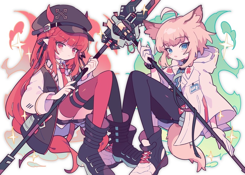 2girls ahoge animal_ears arknights bident blue_eyes cane coat demon_horns demon_tail fox_ears fox_tail hat holding holding_polearm holding_staff holding_weapon horns infection_monitor_(arknights) long_hair multiple_girls necktie peroppafu polearm red_eyes red_hair shoes socks staff sussurro_(arknights) tail vigna_(arknights) weapon white_background