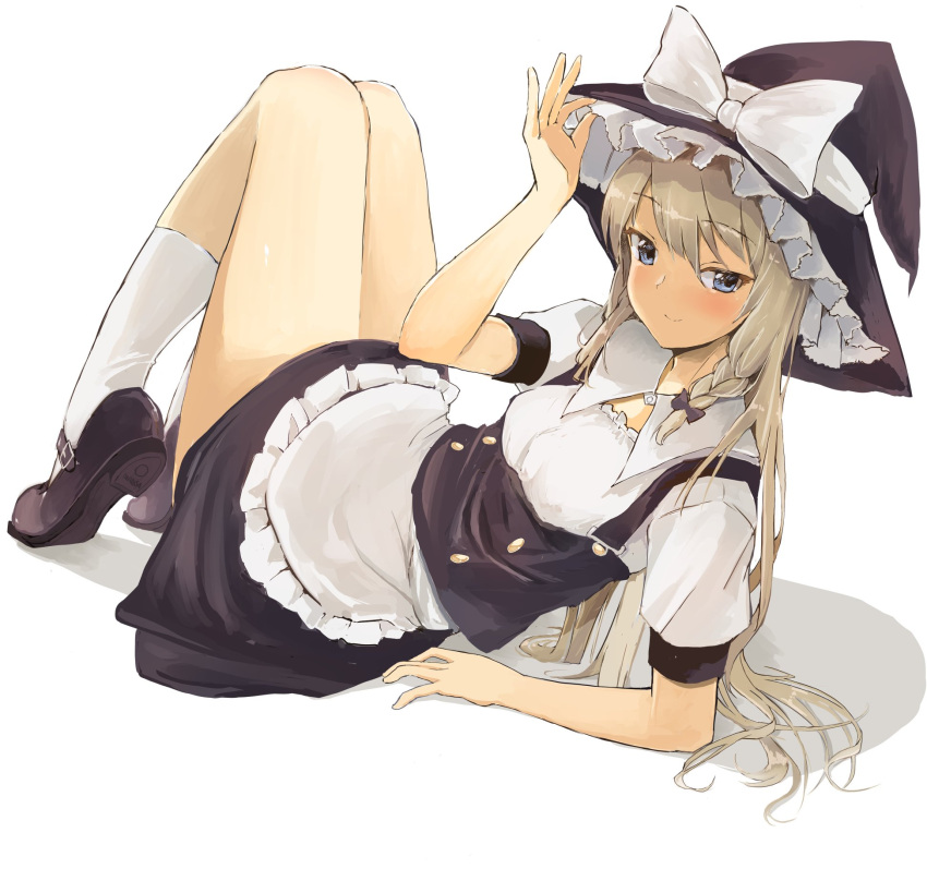 alternate_eye_color apron black_bow black_dress black_footwear black_hat blonde_hair blue_eyes blush bow braid breasts closed_mouth commentary_request dress female full_body hair_ribbon hairbow hand_on_headwear hat hat_bow highres kirisame_marisa knees_up leaning_back legs long_hair looking_at_viewer mary_janes ribbon shoes side_braid single_braid small_breasts smile solo thighs touhou tress_ribbon white_apron white_bow white_legwear witch_hat yamabukiiro_(browncat)