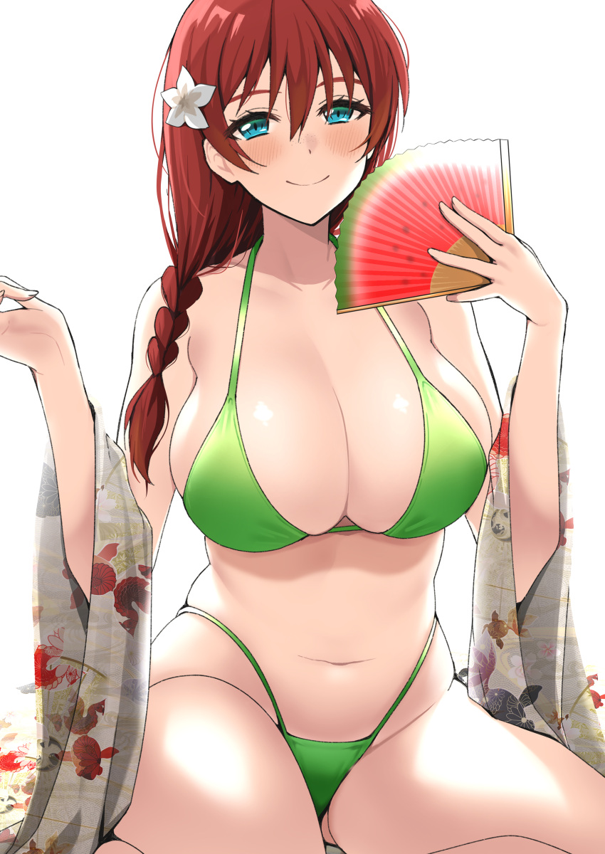 absurdres bikini blue_eyes blush braid breasts closed_mouth commentary_request emma_verde female flower green_bikini hair_between_eyes hair_flower hair_ornament hand_fan highleg highleg_bikini highleg_swimsuit highres holding holding_fan kitaku_(nakamachi_machi) large_breasts long_hair looking_at_viewer love_live! love_live!_nijigasaki_high_school_idol_club navel red_hair simple_background single_braid smile solo swimsuit white_background