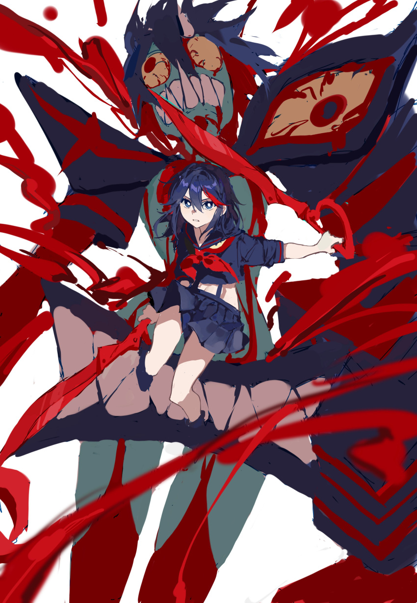 absurdres blood blue_eyes blue_hair blue_serafuku blue_skirt bright_pupils closed_mouth colored_sclera colored_skin dark_persona dual_wielding fangs fangs_out female green_skin grey_background hair_between_eyes highres holding holding_sword holding_weapon kill_la_kill linglingzhong3 matoi_ryuuko medium_hair multicolored_hair parted_lips red_eyes red_hair red_legwear reverse_grip school_uniform scissor_blade_(kill_la_kill) senketsu serafuku sharp_teeth simple_background skirt solo streaked_hair sword teeth two-tone_hair uniform veins weapon white_pupils yellow_sclera