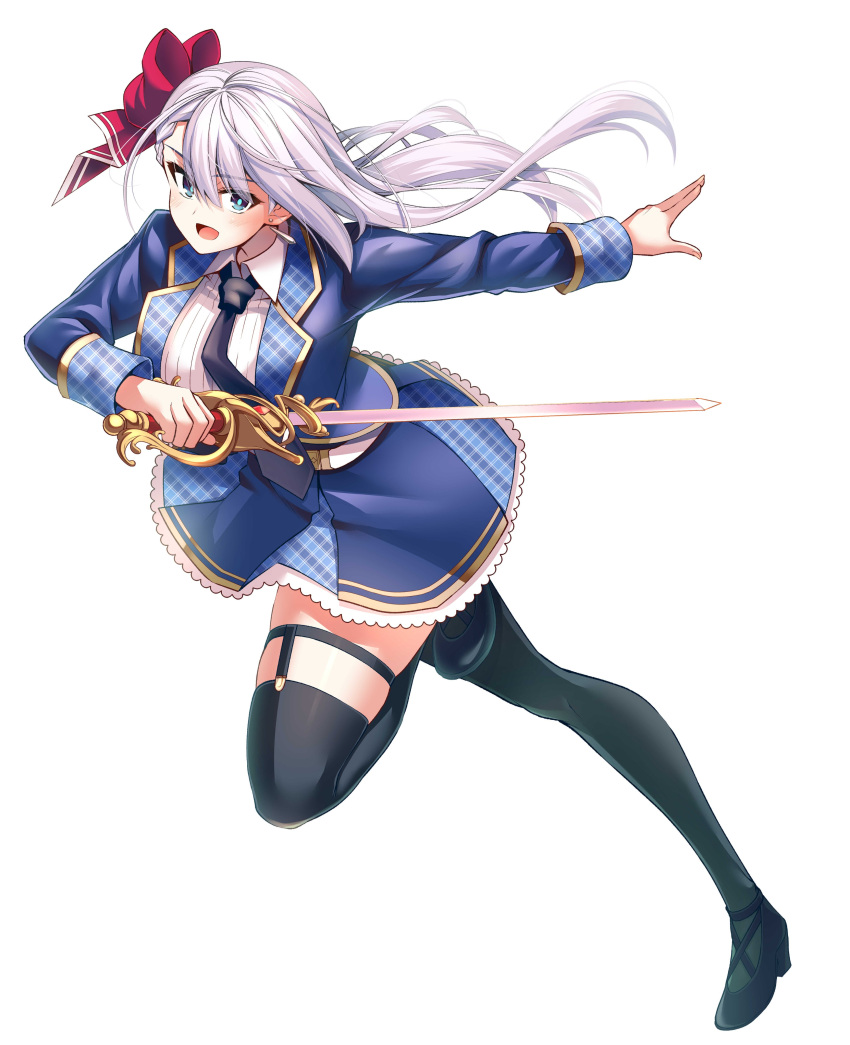 absurdres belt black_necktie blue_eyes blue_jacket bow breasts earrings excalibur_academy_uniform female floating_hair hairbow high-waist_skirt high_heels highres holding holding_sword holding_weapon jacket jewelry keigen_hichou large_breasts long_hair looking_at_viewer necktie rapier red_bow riselia_ray_crystalia seiken_gakuin_no_maken_tsukai skirt sword thighhighs weapon white_belt white_hair wing_collar