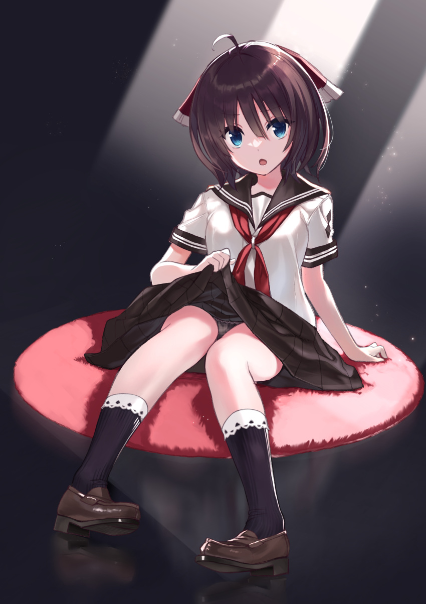 absurdres ahoge amatsutsumi black_panties blouse blue_eyes breasts brown_footwear brown_hair brown_sailor_collar brown_skirt clothes_lift commission female hair_between_eyes highres knees_together_feet_apart lifting_own_clothes light_particles loafers looking_at_viewer minazuki_hotaru_(amatsutsumi) neckerchief open_mouth panties pantyshot pleated_skirt purple_socks red_neckerchief sailor_collar school_uniform serafuku shirt shoes short_sleeves sitting skirt skirt_lift small_breasts socks solo underwear white_shirt zero_(miraichizu)