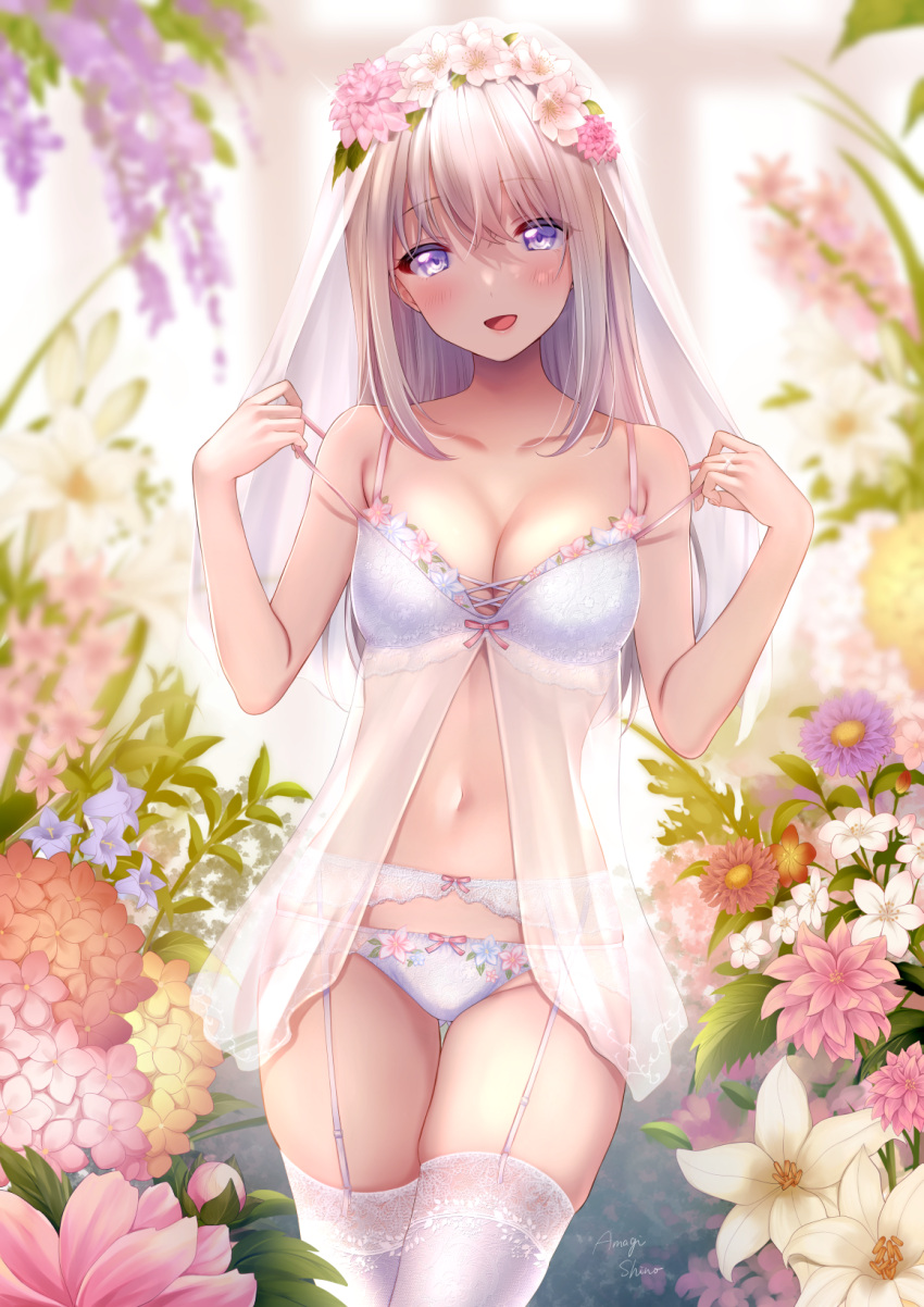 :d amagi_shino artist_name ass_visible_through_thighs babydoll blurry blush bow bow_panties breasts collarbone cowboy_shot cross-laced_clothes cross-laced_top depth_of_field female flower garter_belt hands_up head_wreath highres jewelry lace-trimmed_legwear lace_trim lingerie long_hair looking_at_viewer moe2021 navel open_mouth original panties pulling_own_clothes purple_eyes revision ring see-through signature smile solo standing strap_pull thigh_gap thighhighs underwear underwear_only veil wedding_ring white_babydoll white_hair white_panties white_thighhighs