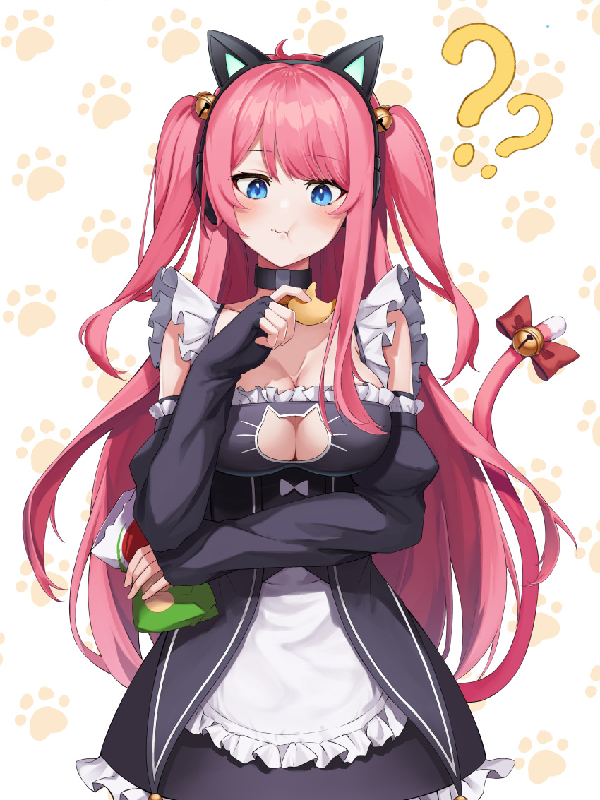 :t ? ?? absurdres animal_ear_headphones animal_ears apron axent_wear bare_shoulders bell black_choker black_dress black_gloves blue_eyes breasts cat_cutout cat_ear_headphones chips_(food) choker cleavage cleavage_cutout clothing_cutout dress eating elbow_gloves fake_animal_ears female fingerless_gloves food frilled_dress frills gloves headphones highres holding jingle_bell large_breasts long_hair looking_at_viewer maid maid_apron original pink_hair potato_chips setsurimu_(pro_viden) sleeveless sleeveless_dress solo two_side_up very_long_hair waist_apron