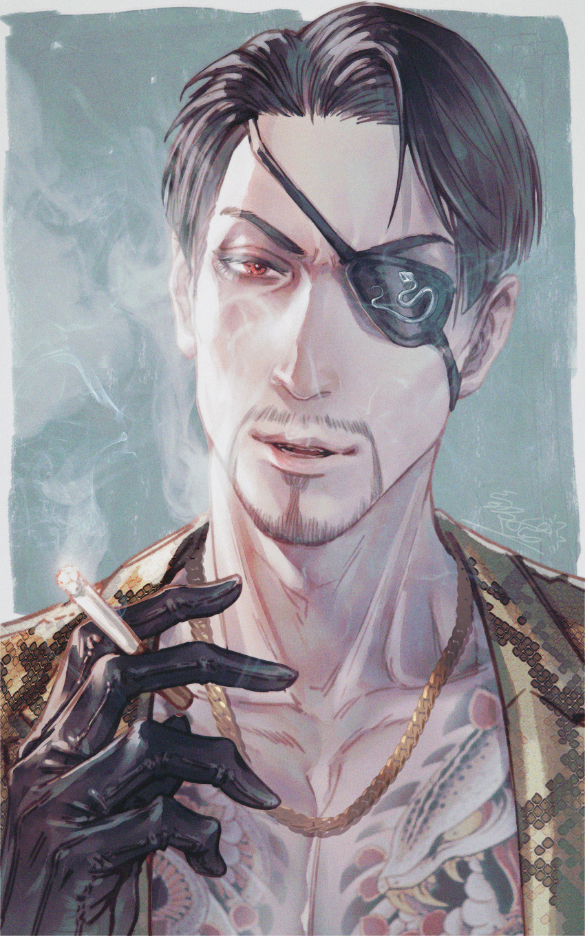 1boy absurdres between_fingers black_eyepatch black_gloves black_hair cigarette eyepatch facial_hair gloves goatee gold_necklace highres huge_filesize irezumi jacket jewelry jiao_mao leather leather_gloves looking_at_viewer majima_gorou male_focus necklace one-eyed ryuu_ga_gotoku short_hair snake_tattoo tattoo upper_body