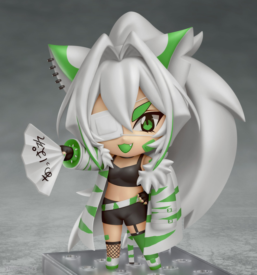 animal_ears artist_name asymmetrical_legwear black_gloves black_shorts chibi colored_tongue commission crop_top eyepatch faux_figurine female fingerless_gloves fishnet_socks fishnets full_body garter_straps gloves green_eyes green_legwear green_tongue hair_intakes hand_fan hand_fan_writing highres holding holding_fan indie_virtual_youtuber kneehighs long_hair mismatched_legwear nendoroid oerba_yun_fang open_mouth ponytail second-party_source shiori2525 shorts single_kneehigh single_sock single_thighhigh smile socks solo thighhighs translation_request very_long_hair virtual_youtuber white_hair zet_(vtuber)