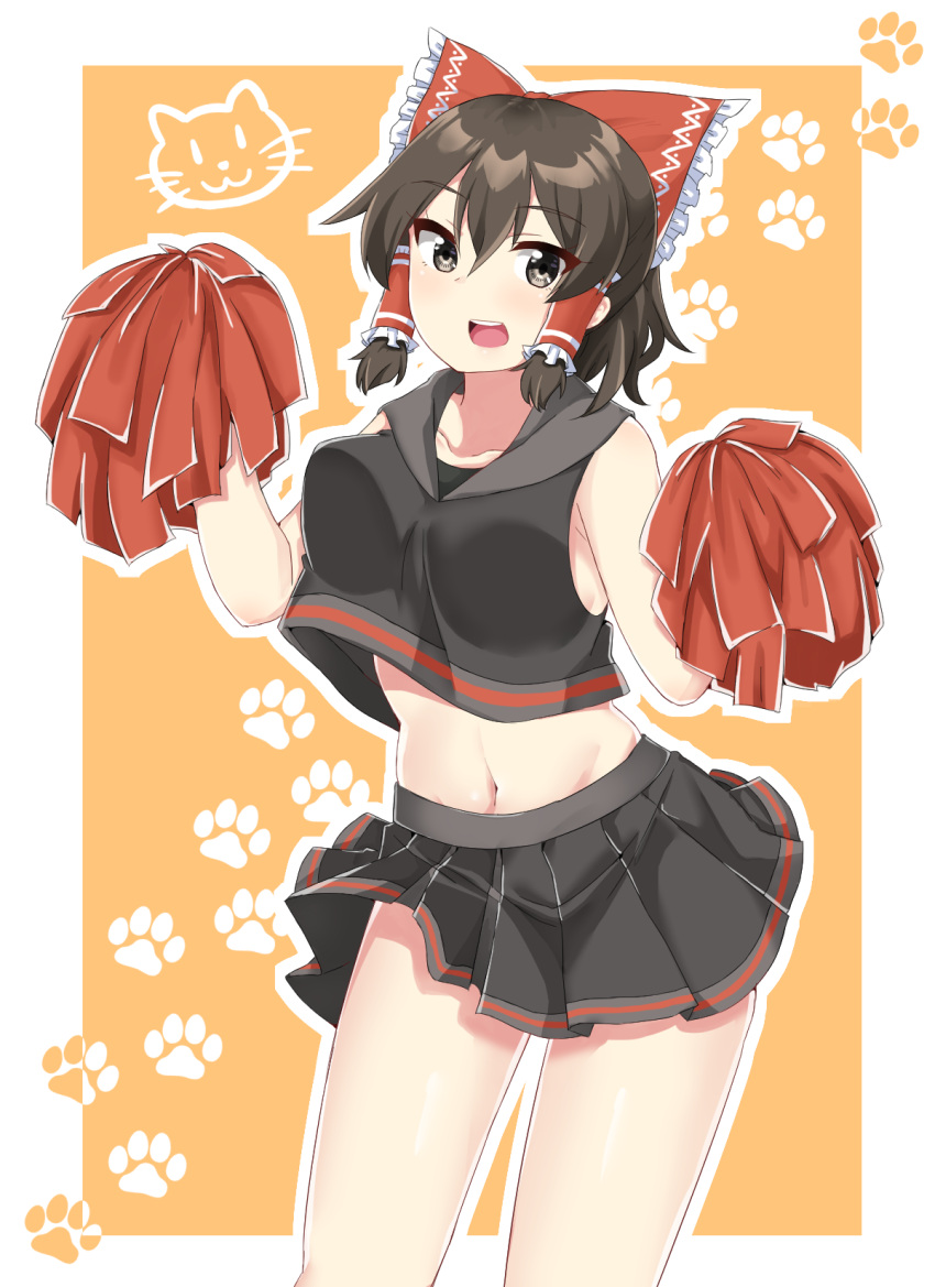 :3 adapted_costume black_eyes black_shirt black_skirt blush border bow breasts brown_hair cheerleader commentary cookie_(touhou) cowboy_shot crop_top feline female frilled_bow frills gnzy hair_between_eyes hair_tubes hairbow hakurei_reimu highres holding holding_pom_poms looking_at_viewer maru_(cookie) medium_breasts midriff miniskirt navel open_mouth orange_background outside_border paw_print paw_print_background pom_pom_(cheerleading) red_bow shirt short_hair skirt solo teeth touhou upper_teeth_only white_border