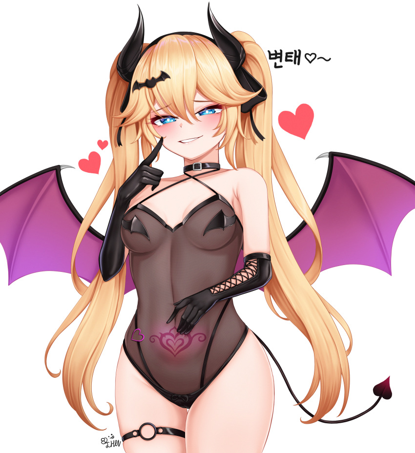 82jhin absurdres bat_hair_ornament black_bow black_collar black_gloves black_hairband black_leotard blonde_hair blue_eyes blush bow breasts bright_pupils buckle cameltoe cleavage collar collarbone covered_navel cowboy_shot criss-cross_halter cross-laced_clothes demon_girl demon_horns demon_tail demon_wings elbow_gloves female finger_to_cheek fishnet_leotard fishnets gloves gradient grin groin hair_between_eyes hair_ornament hairband hairbow half-closed_eyes halterneck hand_on_own_stomach hand_up heart heart_tattoo highres horns index_finger_raised korean_commentary korean_text last_origin leotard linea_alba long_hair looking_at_viewer medium_breasts navel o-ring o-ring_thigh_strap official_alternate_costume parted_lips pasties pubic_tattoo purple_wings raised_eyebrows see-through sidelocks signature simple_background smile solo standing straight_hair tail tattoo teeth thetis_(last_origin) thigh_gap thigh_strap thighs translated twintails very_long_hair white_background white_pupils wings