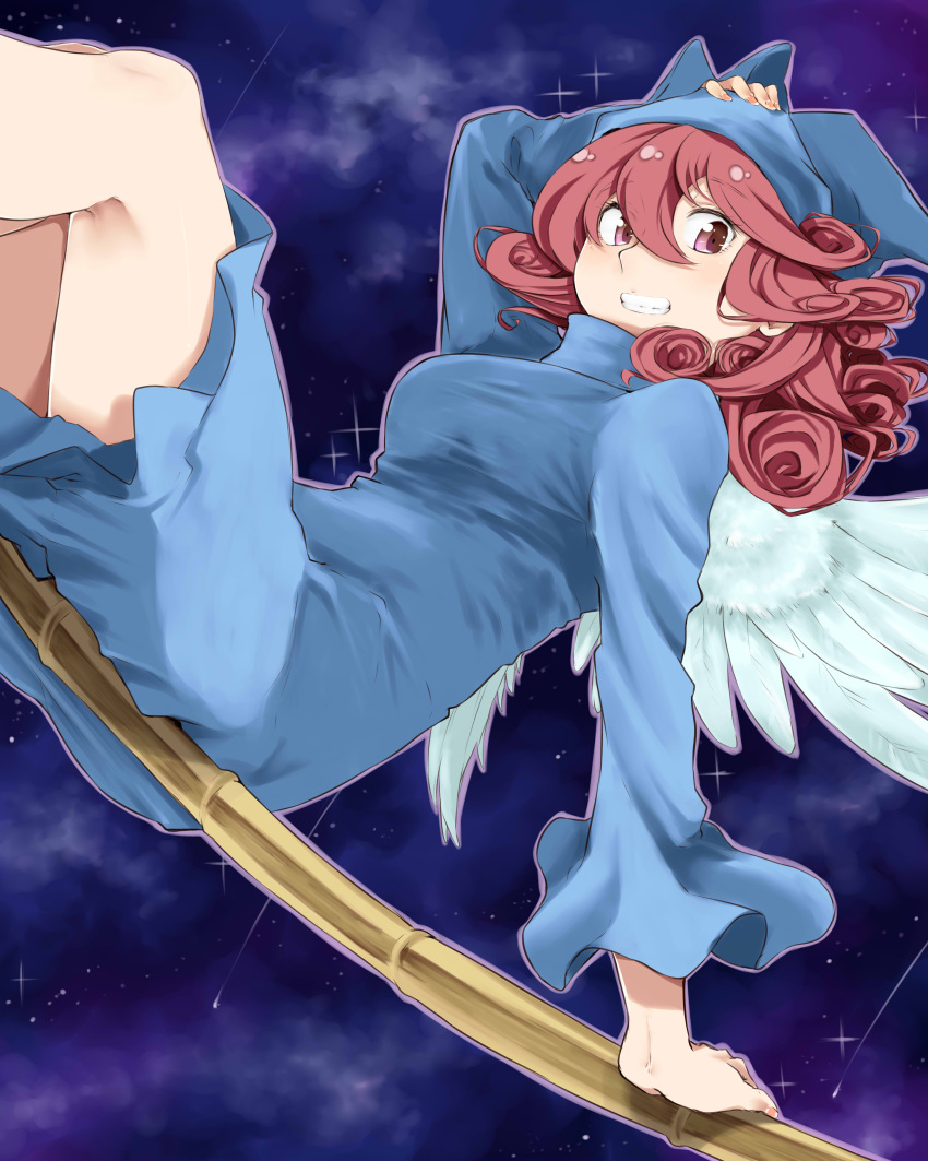 absurdres angel_wings arm_rest arm_up blue_hat blue_robe breasts broom comet duel_monster dutch_angle female flying hand_on_own_head hat highres looking_at_viewer medium_breasts night night_sky red_eyes red_hair robe sitting sky smile solo star_(sky) starry_sky tahira_ureka wee_witch's_apprentice white_wings wings witch witch_hat yu-gi-oh!