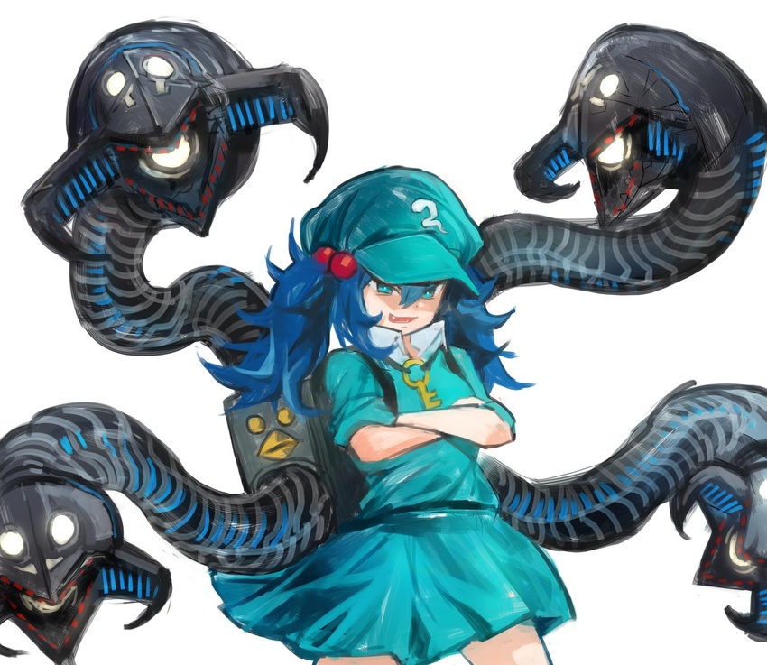 :d backpack bag blue_eyes blue_headwear blue_skirt cowboy_shot crossed_arms doctor_octopus female grin highres kawashiro_nitori marvel mechanical_tentacles megame_(okbnkn) miniskirt oerba_yun_fang simple_background skirt smile solo tentacle touhou white_background