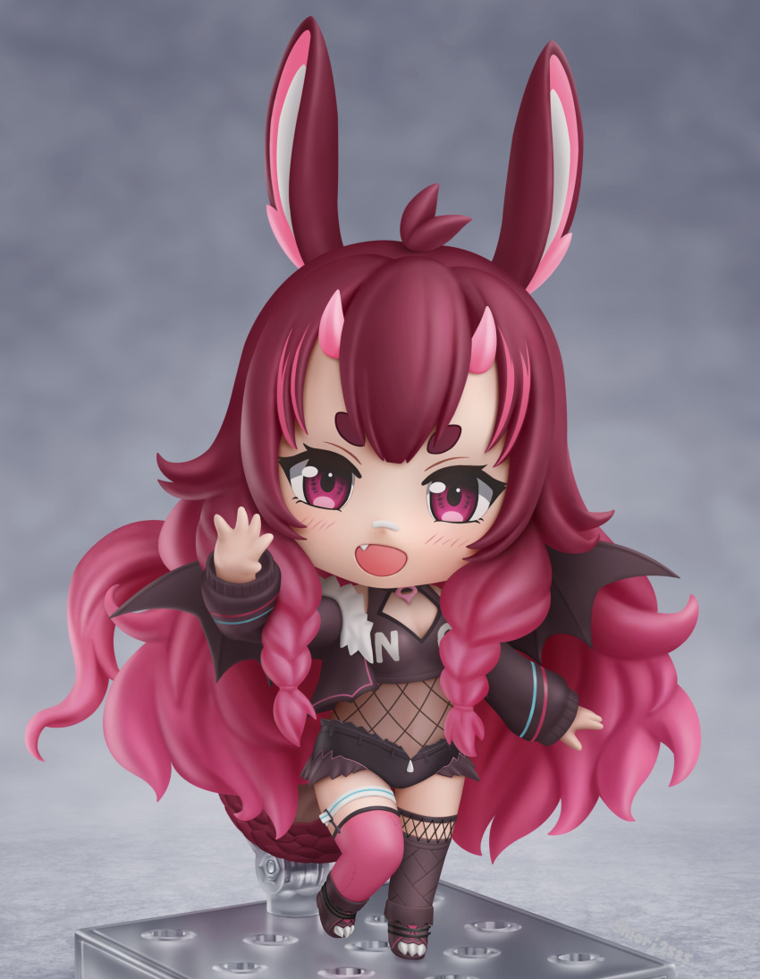 absurdres animal_ears asymmetrical_legwear bat_wings black_shorts chibi commission faux_figurine female fishnet_thighhighs fishnets full_body highres horns indie_virtual_youtuber kaimeriss long_hair looking_at_viewer micro_shorts mismatched_legwear multicolored_hair nendoroid oerba_yun_fang open_mouth pink_hair pink_legwear red_eyes red_hair second-party_source shiori2525 shorts smile solo thighhighs unzipped virtual_youtuber wings