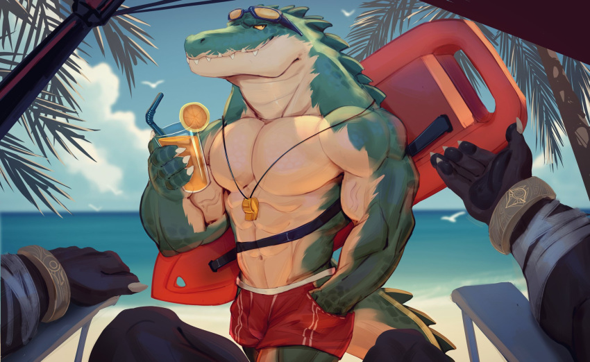 abs anthro anubian_jackal beach beach_chair bicep_curl biceps big_muscles black_body canid canine canis claws clothed clothing container countershading crocodile crocodilian crocodylid cup detailed_background duo front_view green_body green_scales hi_res jackal league_of_legends looking_at_another looking_back male mammal multicolored_body muscular muscular_male nails nasus_(lol) partially_clothed pecs pool_party_renekton renekton reptile riot_games ruinfish scales scalie seaside serratus sitting swimming_trunks swimwear teeth tencent triceps two_tone_body vein veiny_muscles yellow_eyes