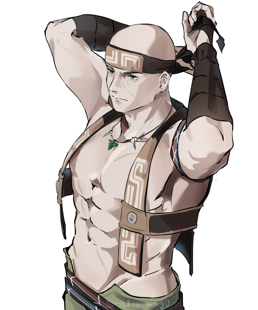 1boy absurdres arms_up bald green_eyes green_pants headband highres jewelry male_focus muscular muscular_male mushoku_tensei necklace pale_skin pants ruijerd_superdia solo tokita_(mag0) tying_headband