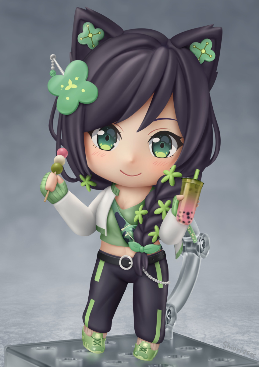 absurdres animal_ears black_hair black_pants blush braid cat_ears chibi closed_mouth commission crop_top dango faux_figurine female fingerless_gloves food full_body gloves green_eyes green_footwear green_gloves green_shirt highres indie_virtual_youtuber kitsunya_(vtuber) long_sleeves medium_hair nendoroid pants second-party_source shiori2525 shirt shoes single_braid smile sneakers solo virtual_youtuber wagashi