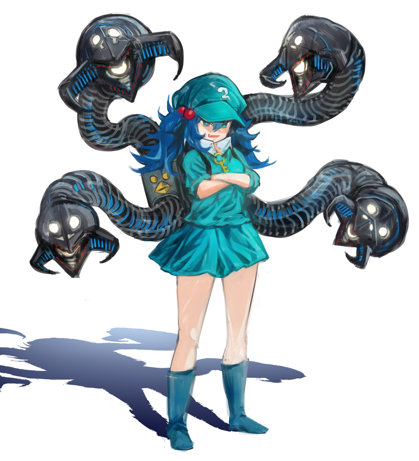 :d backpack bag blue_eyes blue_footwear blue_headwear blue_skirt boots crossed_arms doctor_octopus female full_body grin highres kawashiro_nitori marvel mechanical_tentacles megame_(okbnkn) miniskirt oerba_yun_fang simple_background skirt smile solo tentacle touhou white_background