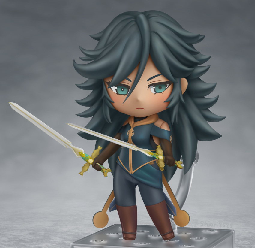 black_gloves black_hair boots brown_footwear chibi closed_mouth commission dual_wielding elbow_gloves faux_figurine female full_body gloves green_eyes hair_between_eyes highres holding holding_sword holding_weapon knee_boots long_hair looking_at_viewer nendoroid original protected_link second-party_source shiori2525 solo spiked_hair sword tan weapon