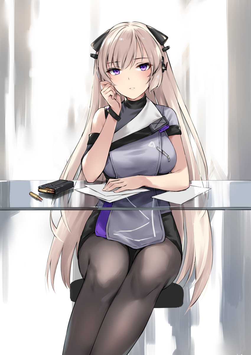 absurdres alternate_costume black_pantyhose blonde_hair breasts bullet chair closed_mouth commission dress embarrassed feet_out_of_frame female g3_(girls'_frontline) g3_(mod3)_(girls'_frontline) girls'_frontline grey_dress hair_ornament hairclip hand_on_own_cheek hand_on_own_face highres long_hair looking_at_viewer magazine_(weapon) medium_breasts pantyhose paper parted_lips pixiv_commission purple_eyes simple_background sitting solo table turtleneck uniform zen_juraku