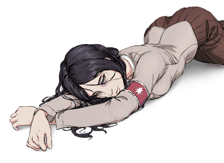 absurdres armband ashe_redd_(artist) bags_under_eyes black_hair blazer breasts brown_jacket brown_skirt commentary crossed_arms english_commentary female highres jacket long_hair lying medium_breasts military pieck_finger purple_eyes shingeki_no_kyojin skirt smile solo