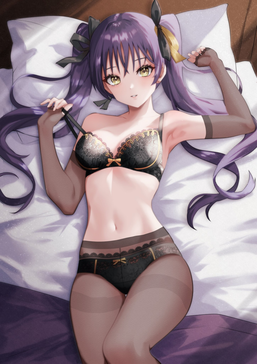 armpits assault_lily bare_shoulders bed black_bra black_panties black_ribbon blanket bow bow_bra bow_panties bra breasts brown_gloves commentary_request cowboy_shot earrings elbow_gloves female fingerless_gloves gloves hair_between_eyes hair_ribbon hair_spread_out hands_up highres hishida_haru houji_tea_latte indoors jewelry lace-trimmed_bra lace-trimmed_panties lace_trim light_smile long_hair looking_at_viewer lying medium_breasts navel on_back on_bed panties panties_under_pantyhose pantyhose parted_lips pillow pulling_own_clothes purple_hair ribbon solo stomach strap_pull stud_earrings thighband_pantyhose twintails underwear underwear_only yellow_bow yellow_eyes