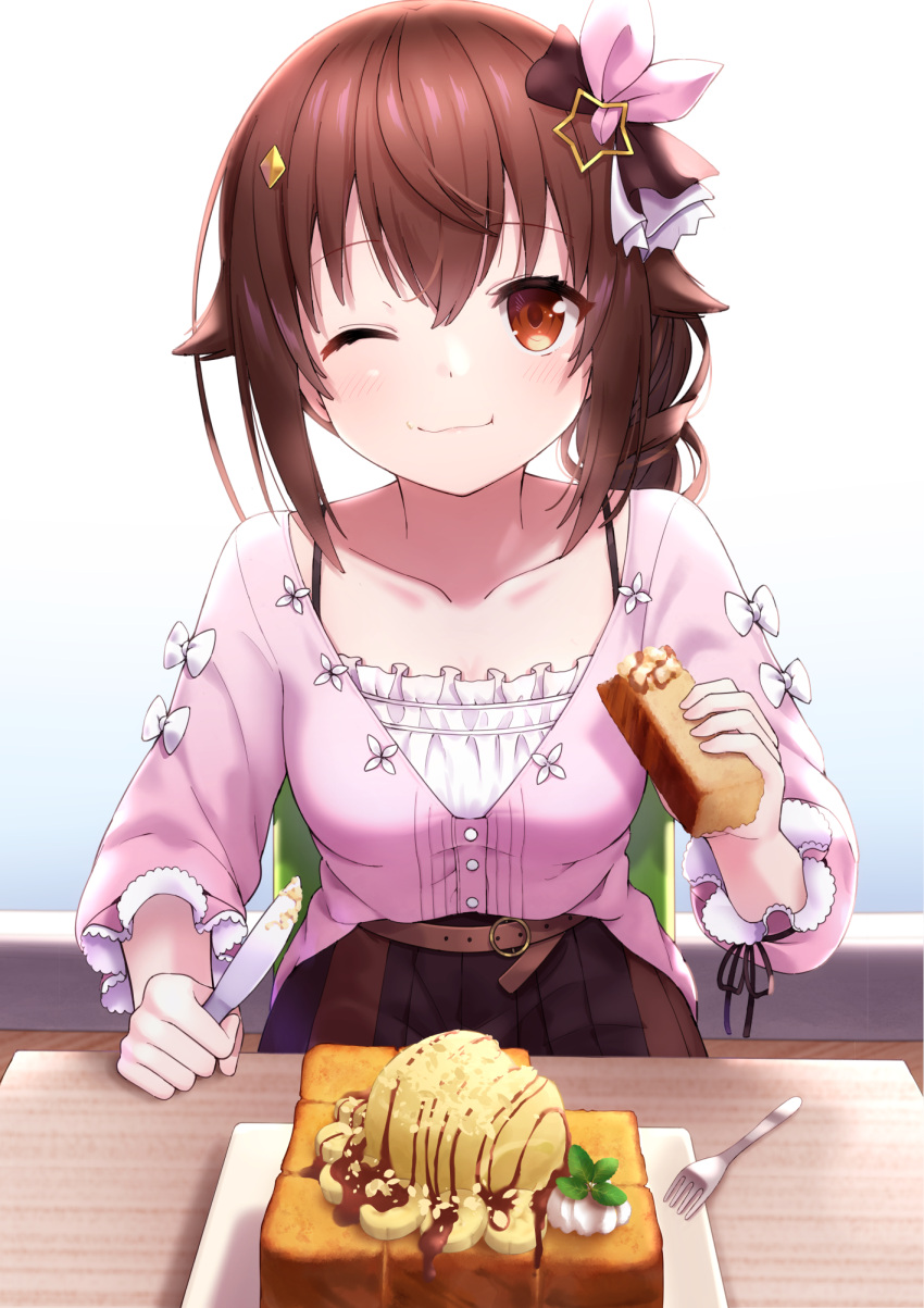 belt_buckle bread bread_slice brown_eyes brown_hair buckle cake caramel commentary_request dress faubynet female food hair_between_eyes hair_flaps hair_ornament hair_ribbon hand_on_table highres hololive indoors knife looking_at_viewer md5_mismatch medium_hair official_alternate_costume official_alternate_hairstyle one_eye_closed plate revision ribbon side_ponytail sitting solo spoon star_(symbol) star_hair_ornament table tokino_sora tokino_sora_(casual) virtual_youtuber wavy_hair