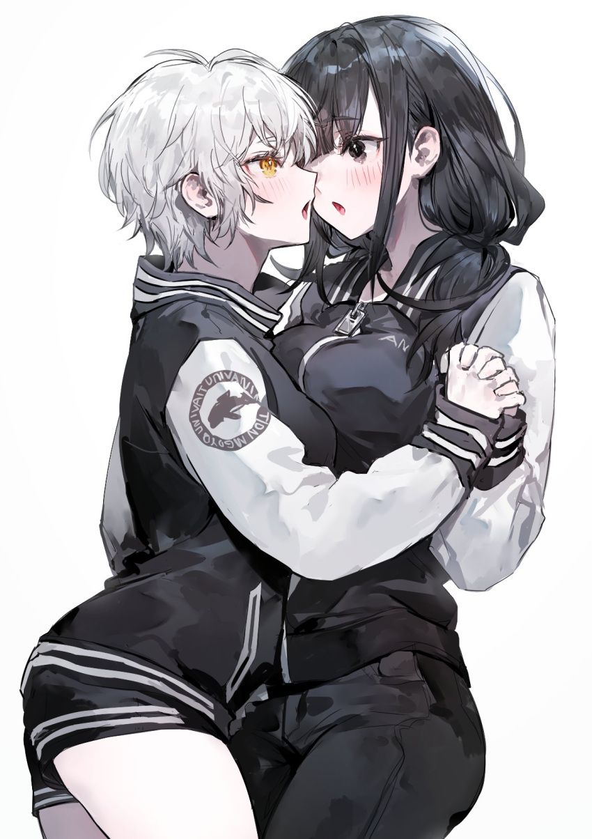 2girls :o black_hair black_jacket black_pants black_shorts blush breast_press breasts brown_eyes commentary dolphin_print eye_contact grey_background grey_hair grey_jacket highres holding_hands interlocked_fingers jacket long_hair long_sleeves looking_at_another messy_hair muaooooo multiple_girls orange_eyes original pale_skin pants short_hair shorts simple_background symmetrical_docking yuri zipper