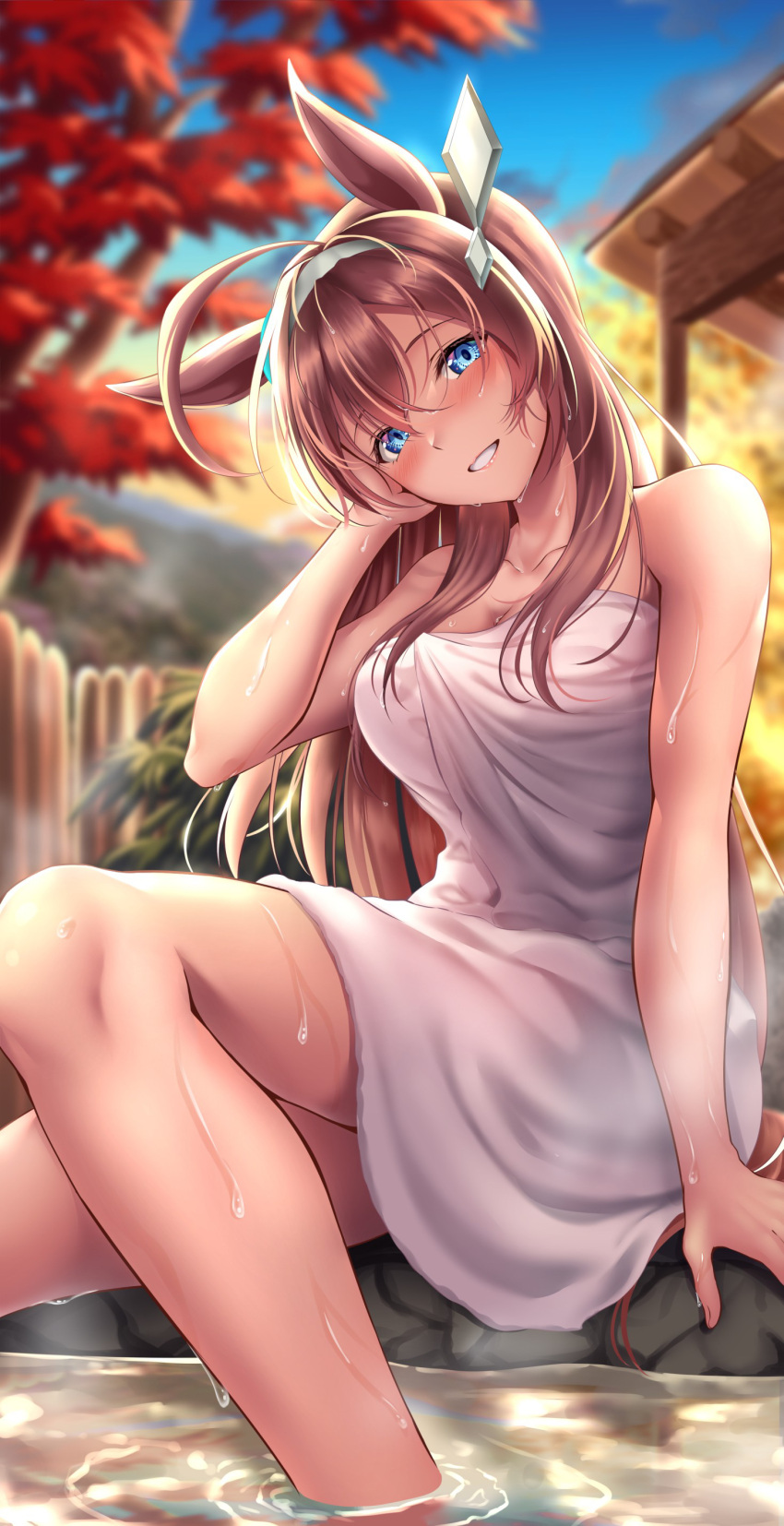 :d absurdres ahoge animal_ears autumn bare_arms bare_shoulders blue_eyes blurry blurry_background blush breasts brown_hair cleavage collarbone day depth_of_field female grey_hairband grin hair_ornament hairband hand_on_own_cheek hand_on_own_face head_tilt highres horse_ears horse_girl horse_tail long_hair medium_breasts mihono_bourbon_(umamusume) naked_towel onsen open_mouth outdoors rairaisuruyo smile soaking_feet solo steam tail towel umamusume very_long_hair water wet