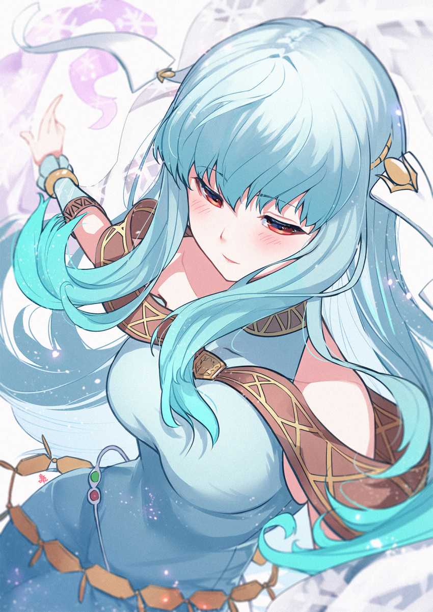 aqua_hair bare_shoulders blue_dress blurry blush bracelet breasts depth_of_field dress dutch_angle female fire_emblem fire_emblem:_the_blazing_blade half-closed_eyes highres jewelry light_particles long_hair looking_down medium_breasts nakabayashi_zun ninian_(fire_emblem) red_eyes smile solo