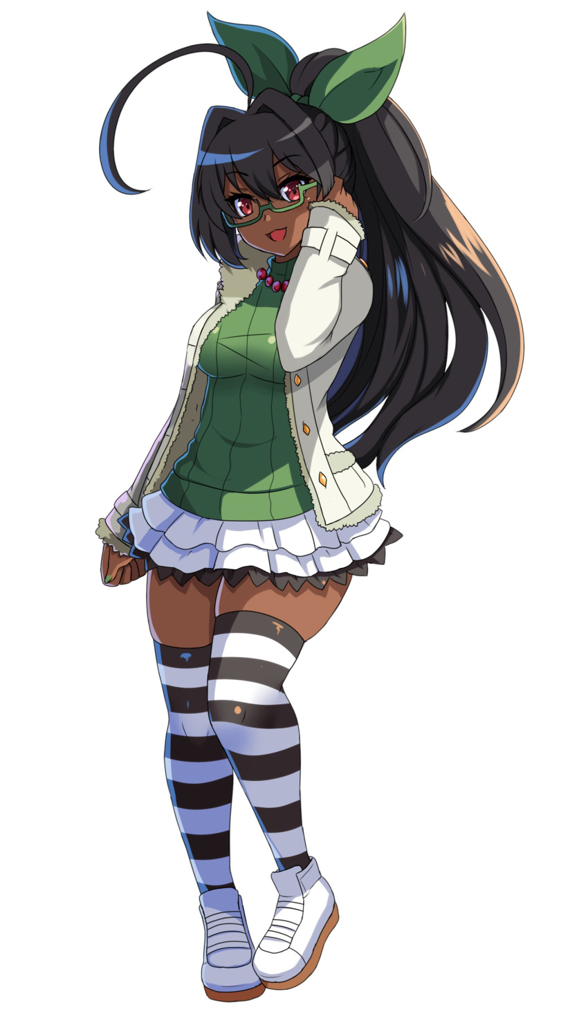 absurdres adjusting_hair ahoge anini black_hair commentary commission cyron_tanryoku dark-skinned_female dark_skin english_commentary female glasses highres huge_ahoge long_hair looking_at_viewer miniskirt open_mouth original ponytail red_eyes simple_background skirt smile solo standing striped_clothes striped_thighhighs thighhighs very_dark_skin white_background